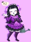  animal_crossing anthro black_lips blush bovid bow breasts caprine clothed clothing corset dress dress_shirt eyes_closed eyeshadow female footwear full-length_portrait fully_clothed hair hand_up hi_res horn japanese_text legwear lingerie lips long_hair makeup mammal minus8 muffy_(animal_crossing) nintendo open_mouth portrait purple_background purple_clothing purple_dress sheep shirt shoes simple_background smile solo speech_bubble standing text thigh_highs topwear video_games watering_can 