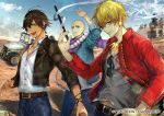  3boys :d bald belt belt_buckle black_hair black_jacket blonde_hair bracelet buckle car character_request collared_shirt denim desert earrings eyewear_removed fate/grand_order fate_(series) forehead_scar gilgamesh grey_shirt ground_vehicle hair_between_eyes hand_on_hip heroic_spirit_traveling_outfit houzouin_inshun_(fate/grand_order) jacket jeep jewelry looking_at_viewer male_focus messy_hair motor_vehicle multiple_boys official_art open_mouth pants partially_unbuttoned red_eyes red_jacket scar shirt short_hair sky smile standing sunglasses tcb white_shirt yellow_eyes zipper 