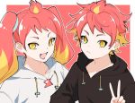  1boy 1girl :d black_hoodie blonde_hair brother_and_sister closed_mouth commentary_request drawstring fangs hikasa_shikatarou hikasa_tomoshika hood hood_down hoodie kiko_(kikobooom) multicolored_hair open_mouth red_background red_hair siblings smile two-tone_background two-tone_hair upper_body v v-shaped_eyebrows virtual_youtuber voms white_background white_hoodie yellow_eyes 