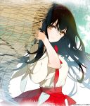  1girl 888myrrh888 akagi_(kantai_collection) black_hair blush brown_eyes closed_mouth eyebrows_visible_through_hair hair_between_eyes hakama hakama_skirt japanese_clothes kantai_collection long_hair red_hakama short_sleeves solo tasuki twitter_username upper_body 