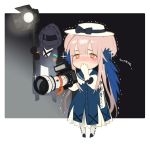  1girl 1other arknights bangs black_bow black_jacket blue_dress blush bow brown_eyes camera ceylon_(arknights) chibi commentary_request doctor_(arknights) dress full_body gloves hat hat_bow heart heart-shaped_pupils holding holding_camera hood hooded_jacket jacket long_hair long_sleeves nose_blush petticoat pink_hair salmon88 standing symbol-shaped_pupils very_long_hair white_gloves white_headwear 