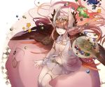  1girl :d blue_eyes bracelet breasts circe_(fate/grand_order) cyawa fate/grand_order fate_(series) fish food fruit grapes head_wings holding jewelry legband long_hair looking_at_viewer navel necklace open_mouth pig pink_hair pointy_ears skirt small_breasts smile solo tray white_robe white_skirt 