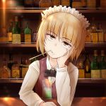  1girl bartender blonde_hair bottle commentary cutlass_(girls_und_panzer) drinking_straw girls_und_panzer head_rest head_tilt highres indoors jitome kitayama_miuki maid_headdress mouth_hold short_hair solo yellow_eyes 