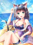  1girl animal_ear_fluff animal_ears bangs bare_shoulders bikini black_hair blush breasts cat_ears cat_girl cat_tail cleavage collarbone commentary_request eyebrows_visible_through_hair fang fangs frilled_innertube green_eyes highres in_water innertube karyl_(princess_connect!) large_breasts long_hair looking_at_viewer multicolored_hair ocean off-shoulder_jacket open_mouth princess_connect! princess_connect!_re:dive purple_bikini regi_(r_regi) sitting solo streaked_hair sunglasses swimsuit tail thigh_strap twintails white_hair yellow_innertube 