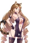  1girl :d animal_ear_fluff animal_ears arknights armband azur_lane bangs bare_arms bare_shoulders black_choker black_gloves black_legwear black_swimsuit breasts brown_hair choker commentary_request cowboy_shot criss-cross_halter drill_hair drill_locks gloves great_lungmen_logo green_eyes halterneck hand_on_hip large_breasts long_hair looking_at_viewer navel no_hat no_headwear one-piece_swimsuit open_mouth simple_background smile solo standing stomach swimsuit swire_(arknights) tail thighhighs thighs tiger_ears tiger_tail very_long_hair white_background yuzuruka_(bougainvillea) zuikaku_(azur_lane) zuikaku_(the_wind&#039;s_true_name)_(azur_lane) 