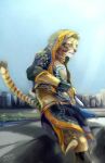  2016 anthro athletic athletic_anthro athletic_male bottomwear brown_hair city cityscape clothed clothing clouded_leopard felid fur hair hi_res hoodie likulau male mammal nekojishi open_shirt pantherine petadodu shirt signature solo striped_body striped_fur striped_tail stripes tattoo topwear yellow_eyes 