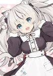  1girl :d absurdres animal_ear_fluff animal_ears apron back_bow bangs black_bow black_dress black_ribbon blue_eyes blush bow breasts cat_ears cat_girl cat_tail dress eyebrows_visible_through_hair fang gedou_(shigure_seishin) grey_hair hair_bow hair_ornament hairclip highres hinatsuki_mofu indie_virtual_youtuber long_hair long_sleeves looking_at_viewer medium_breasts multicolored_hair neck_ribbon open_mouth paw_pose paw_print polka_dot polka_dot_background puffy_long_sleeves puffy_sleeves red_bow ribbon silver_hair sleeves_past_wrists smile solo tail tail_bow twintails two-tone_hair virtual_youtuber 