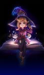  1girl :d alternate_costume animal_ears arcanist_zoe_(league_of_legends) arm_support bangs blonde_hair blue_eyes book boots cat dress earrings gloves green_eyes hat heterochromia highres jewelry kezi league_of_legends long_hair long_sleeves looking_at_viewer open_mouth pink_dress shorts sitting sitting_on_book smile solo teeth thighhighs very_long_hair waving witch_hat yuumi_(league_of_legends) zoe_(league_of_legends) 
