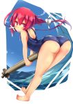  1girl ass barefoot blue_sky blue_swimsuit from_behind gradient_sky highres i-168_(kantai_collection) kantai_collection long_hair looking_at_viewer looking_back ocean ponytail red_eyes red_hair school_swimsuit sky solo standing swimsuit tongue tongue_out torpedo unomi waves 