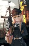  1girl absurdres arm_behind_back assault_rifle bangs black_headwear black_jacket black_neckwear black_skirt blonde_hair breasts building closed_mouth collared_shirt commentary eyebrows_visible_through_hair girls_frontline gloves green_eyes gun hat highres holding holding_gun holding_weapon iron_cross jacket long_hair long_sleeves looking_at_viewer military_hat military_jacket necktie object_namesake outdoors peaked_cap rifle shirt signature skirt small_breasts solo standing stg44 stg44_(girls_frontline) tegar32 very_long_hair weapon white_gloves white_shirt 