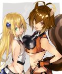  2girls animal_ears asymmetrical_docking bangs belt blazblue blonde_hair breast_envy breast_press breasts brown_eyes brown_hair eyebrows_visible_through_hair fingerless_gloves gloves green_eyes hair_between_eyes heart large_breasts long_hair looking_at_viewer looking_to_the_side maka_(morphine) makoto_nanaya medium_hair midriff multiple_girls noel_vermillion open_mouth simple_background small_breasts squirrel_ears squirrel_tail tail underboob 