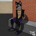  1:1 2020 anthro black_body black_fur black_nose black_sclera bottomwear canid canine canis clothed clothing domestic_dog footwear fur hi_res husky jersey jordan_(brand) legwear looking_at_viewer los_angeles_lakers male mammal nike nordic_sled_dog outside shorts sitting socks solo spitz sportswear thehuskyk9 thehuskyk9_(artist) white_body white_fur yellow_eyes 