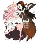  2girls adventure_time akuma_homura akuma_homura_(cosplay) black_gloves black_hair commentary_request cosplay crown dress dress_lift elbow_gloves gloves holding_hands long_hair mahou_shoujo_madoka_magica mahou_shoujo_madoka_magica_movie marceline_abadeer multiple_girls oono_tsutomu pink_hair princess_bonnibel_bubblegum thighhighs tiara ultimate_madoka ultimate_madoka_(cosplay) 