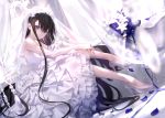  1girl bangs bare_legs bow bridal_veil brown_hair commentary_request detached_sleeves dress flower from_side high_heels highres large_bow long_hair looking_at_viewer original parted_lips purple_eyes purple_flower shinooji sidelocks sitting sleeveless sleeveless_dress veil very_long_hair wedding_dress white_bow white_flower white_footwear white_sleeves 