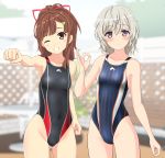  2girls absurdres black_swimsuit blue_sky blue_swimsuit blurry breasts brown_eyes brown_hair cloud collarbone commentary_request competition_swimsuit cowboy_shot day depth_of_field fence high_school_fleet highleg highleg_swimsuit highres irizaki_mei logo long_hair looking_at_viewer multiple_girls ok_sign one-piece_swimsuit outdoors parted_lips ponytail punching purple_eyes short_hair silver_hair sky small_breasts standing striped striped_swimsuit swimsuit table takafumi tateishi_shima 