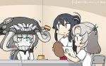  3girls alternate_costume black_hair cake castella_(food) commentary_request dated food glass green_eyes grey_hair hair_tie hamu_koutarou headgear highres kantai_collection kinugasa_(kantai_collection) long_hair medium_hair multiple_girls one_side_up pale_skin ponytail reading red_eyes remodel_(kantai_collection) shinkaisei-kan shirt sidelocks t-shirt table teeth tentacles tray white_shirt white_skin wo-class_aircraft_carrier yahagi_(kantai_collection) 