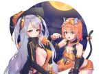  2girls absurdres animal_ears azur_lane bell bell_choker breasts brown_eyes cat_ears cat_tail character_request check_character choker cleavage eyebrows_visible_through_hair hair_ribbon halloween halloween_costume hand_up hat highres long_hair looking_at_viewer lordol medium_breasts medium_hair multiple_girls open_mouth orange_hair orange_shorts prinz_eugen_(azur_lane) ribbon sakura_ayane shorts silver_hair single_thighhigh smile tail thighhighs witch witch_hat 