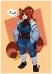  ailurid anthro breasts cleavage clothed clothing dialogue female hi_res lunarspy mammal red_panda smile solo 