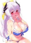  1girl bikini blue_bikini blush bow breasts cleavage collarbone commentary_request curvy dragon_horns eyebrows_visible_through_hair fate/grand_order fate_(series) frilled_bikini frills hair_bow heart heart-shaped_pupils highres horns kiyohime_(fate/grand_order) large_breasts long_hair looking_at_viewer navel onsoku_inu open_mouth ponytail red_eyes simple_background sitting smile solo swimsuit symbol-shaped_pupils white_background yellow_bow 