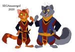  anthro clothing domestic_cat duo felid feline felis hi_res male male/male mammal melee_weapon segamastergirl sword weapon 