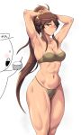  1boy 1girl absurdres armpits bikini breasts brown_hair cleavage feet_out_of_frame food green_bikini hands_on_own_head high_ponytail highres holding holding_food last_origin long_hair medium_breasts muscle muscular_female navel original red_eyes rubber_band sketch swimsuit toothbrushking 