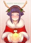  1girl absurdres animal_ears blush bright_pupils capelet christmas closed_mouth commentary deer_ears english_commentary fake_animal_ears fake_antlers fur-trimmed_capelet fur_collar fur_trim gift_art hairband happy_holidays highres holding hyuuga_hinata looking_at_viewer naruto naruto_(series) own_hands_together pom_pom_(clothes) purple_eyes purple_hair red_capelet short_hair signature smile solo star_(symbol) temachii upper_body white_pupils 