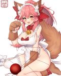  2019 4:5 absurd_res animal_humanoid apron ball_of_yarn bell bell_collar blush breasts canid canid_humanoid canine canine_humanoid caster_tamamo-no-mae cleavage clothed clothing collar corin fate_(series) female fox_humanoid hair hi_res humanoid legwear looking_at_viewer mammal mammal_humanoid pink_hair ribbons simple_background sitting smile solo stockings white_background yarn 