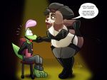  4:3 anthro ball_gag breasts canid canine canis chair dialogue domestic_dog duo english_text female furniture gag hi_res jamearts jimmy_(jamearts) lizard male male/female mammal reptile riding_crop scalie text whip 