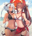  2girls beach bikini black_bikini blush breasts brown_eyes brown_hair cleavage collarbone cowboy_shot day flower glasses groin hair_between_eyes hair_flower hair_ornament kantai_collection kasumi_(skchkko) large_breasts long_hair multiple_girls musashi_(kantai_collection) navel ocean open_mouth oriental_umbrella pink_flower pointy_hair ponytail red_eyes red_sarong red_umbrella sarong silver_hair smile swimsuit two_side_up umbrella very_long_hair water white_bikini yamato_(kantai_collection) 