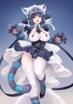  1girl :d animal_ear_fluff animal_ears aqua_eyes aqua_hair azur_lane bangs barbariank breasts cat_ears cat_tail cheshire_(azur_lane) cheshire_cat_(monster_girl_encyclopedia) claws commentary dress english_commentary eyebrows_visible_through_hair eyes_visible_through_hair fur fusion garter_straps highres large_breasts looking_at_viewer maid_headdress monster_girl_encyclopedia multicolored_hair namesake open_mouth paws purple_hair simple_background smile solo streaked_hair striped_tail tail thighhighs two-tone_hair underbust white_background white_garter_straps white_legwear 
