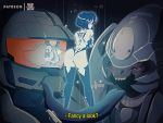  1980s_(style) 1boy artist_name ass ass_shake black_legwear bluethebone blush breasts cleavage commentary cortana halo_(game) huge_filesize large_breasts looking_at_viewer looking_back master_chief oldschool short_hair signature smile star_(symbol) subtitled thighhighs thighs 