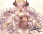  1girl arabian_clothes armlet bare_shoulders belly_dancing blue_eyes braid breasts cleavage collarbone commission demon_horns draph dress granblue_fantasy hair_ornament hair_over_one_eye horns ivris jewelry large_breasts laurel_crown lavender_hair long_hair looking_at_viewer narmaya_(granblue_fantasy) navel neck_ring open_mouth pointy_ears single_braid smile solo 