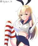  1girl animal_ears artist_name black_panties blonde_hair blue_skirt breasts bunny_ears elbow_gloves eyebrows_visible_through_hair gloves grey_background hand_up kantai_collection long_hair looking_at_viewer navel panties pantyshot shimakaze_(kantai_collection) shirt skirt small_breasts smile solo thighhighs toyomi_13 underwear white_gloves white_shirt yellow_eyes 