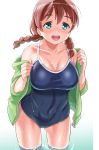  1girl :d aqua_eyes bangs bare_arms bare_shoulders blue_swimsuit blush braid breasts brown_hair cleavage collarbone competition_school_swimsuit contrapposto covered_navel cowboy_shot curvy emma_verde eyebrows_visible_through_hair fingernails fingers freckles gonta_(gshoutai) green_hoodie green_jacket groin highres hood hooded_jacket hoodie jacket large_breasts long_hair looking_at_viewer love_live! love_live!_school_idol_festival low_twin_braids low_twintails narrow_waist off_shoulder one-piece_swimsuit open_mouth partially_submerged perfect_dream_project raised_eyebrows removing_jacket skin_tight skindentation smile solo spaghetti_strap swimsuit tareme taut_clothes taut_swimsuit teeth twin_braids twintails wading water wet wet_clothes wet_hair white_background wide_hips 