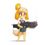  1girl :3 animal_ears bangs barefoot blonde_hair blood blood_on_arm blood_on_face blood_on_leg bloody_hair bloody_weapon blue_skirt blush_stickers brown_eyes commentary dog_ears dog_girl dog_tail doubutsu_no_mori english_commentary full_body furry green_vest gun hair_bobbles hair_ornament hair_tie holding holding_gun holding_weapon jestami neck_ribbon plaid plaid_vest red_ribbon ribbon shizue_(doubutsu_no_mori) signature simple_background skirt smoke solo standing tail topknot vest weapon white_background 
