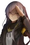  1girl absurdres bangs black_jacket brown_eyes eyebrows_visible_through_hair girls_frontline grey_hair hand_on_head highres jacket long_hair looking_at_viewer military military_uniform scar scar_across_eye shirt smile solo sskylarks ump45_(girls_frontline) uniform white_background white_shirt 