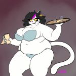  1:1 anthro belly big_breasts black_hair bodypaint bra breasts catti_(deltarune) clothed clothing deep_navel deltarune domestic_cat ear_piercing ear_ring english_text eye_roll eyeliner face_paint felid feline felis female front_view fur hair hi_res highlights_(coloring) holding_object holding_platter iamzavok makeup mammal mascara navel open_mouth overweight overweight_female panties piercing platter purple_highlights shot_glass simple_background skimpy solo standing text thick_thighs three-quarter_view tight_clothing tight_topwear topwear underwear video_games waiter white_body white_fur wide_hips yellow_sclera 