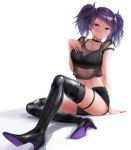  1girl :o arm_support bangs black_choker black_footwear black_legwear black_shorts blunt_bangs blush boots choker crop_top ear_piercing hand_on_own_chest high_heels highres idolmaster idolmaster_shiny_colors knee_up looking_at_viewer nail_polish navel piercing purple_eyes purple_hair see-through shogun_(a96040021) short_sleeves shorts simple_background sitting skindentation solo strap_slip tanaka_mamimi thigh_boots thigh_strap thighhighs twintails white_background 