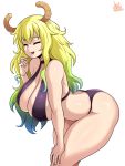  1girl =_= ass bikini black_bikini blonde_hair blue_hair breasts cleavage closed_eyes dragon dragon_girl dragon_horns green_hair hand_on_thigh highres horns jmg kobayashi-san_chi_no_maidragon large_breasts leaning leaning_forward open_mouth quetzalcoatl_(maidragon) signature smile swimsuit thighs white_background 