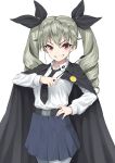  1girl absurdres anchovy_(girls_und_panzer) anzio_school_uniform bangs belt black_belt black_cape black_neckwear black_ribbon black_skirt cape commentary cowboy_shot dress_shirt drill_hair girls_und_panzer gogongzid green_hair grin hair_ribbon hand_on_hip highres holding long_hair long_sleeves looking_at_viewer miniskirt necktie pantyhose pleated_skirt red_eyes ribbon riding_crop school_uniform shirt simple_background skirt smile smirk smug solo standing twin_drills twintails v-shaped_eyebrows white_background white_legwear white_shirt wing_collar 