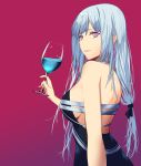  1girl ak-12_(girls_frontline) alcohol back bangs bare_shoulders black_dress blue_hair breasts cup defy_(girls_frontline) dress drinking_glass girls_frontline highres lips long_hair looking_at_viewer medium_breasts nightgown profile purple_background purple_eyes silver_hair solo talnory wine wine_glass 