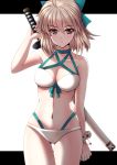  1girl absurdres bikini blonde_hair blue_ribbon bracelet breasts eyebrows_visible_through_hair fate/grand_order fate_(series) hair_ribbon hand_on_weapon highres jewelry katana looking_at_viewer medium_breasts medium_hair okita_souji_(alter)_(fate) okita_souji_(fate)_(all) okita_souji_(swimsuit_assassin)_(fate) open_mouth ribbon sawwei005 solo swimsuit sword thighs waist weapon white_background white_bikini yellow_eyes 
