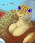  anthro big_breasts big_tail breasts cleavage clothed clothing dew_dragon eublepharid female furniture gecko hi_res inside leopard_gecko lizard plate pupils purple_sclera reptile scales scalie sitting slit_pupils solo swedish_text table text translated yellow_body yellow_scales 