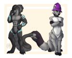  5:4 anthro canid canid_taur canine canine_taur canis clothing collar duo hat headgear headwear kissing maefeline male male/male mammal mammal_taur reptile scalie snake standing tail_maw taur wolf wolf_taur 