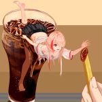  1girl bare_legs barefoot black_skirt braid breasts coca-cola cola cup eyebrows_visible_through_hair food french_fries girls_frontline hair_between_eyes highres leg_up long_hair m4_sopmod_ii_(girls_frontline) moran_(pixiv27824646) multicolored_hair no_shoes one_eye_closed open_mouth pink_hair red_eyes shirt simple_background skirt soles solo white_shirt 