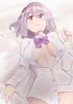  1girl arigiep bangs blush bottomless bow bowtie breasts breasts_apart collared_shirt eyebrows_visible_through_hair highres large_breasts lavender_hair long_sleeves looking_at_viewer lying on_back open_clothes open_shirt pussy_peek red_eyes shinjou_akane shirt short_hair smile solo ssss.gridman white_shirt 