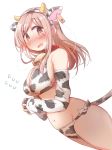  1girl aikawa_chiho animal_ears animal_print bell bikini blush breasts brown_eyes brown_hair cleavage collar commentary_request cow_ears cow_horns cow_print cow_tail cowboy_shot detached_sleeves embarrassed eyebrows_visible_through_hair fake_animal_ears fake_horns fake_tail flying_sweatdrops full-face_blush groin hands_clasped horns large_breasts long_hair looking_at_viewer navel open_mouth own_hands_together print_bikini red_collar side-tie_bikini simple_background solo standing stomach sweatdrop swimsuit tail tatsunokosso wavy_mouth white_background yuyushiki 
