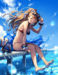  1girl arm_up bare_shoulders barefoot beatrix_(granblue_fantasy) bikini blue_sky blush brown_hair cloud commentary_request day eyewear_on_head feet granblue_fantasy grin hair_ornament hair_ribbon high_ponytail holding holding_eyewear long_hair long_ponytail looking_at_viewer multicolored multicolored_bikini multicolored_clothes navel ocean outdoors pier ribbon sitting sky smile soaking_feet splashing swimsuit thighs toes water wrist_cuffs zinnkousai3850 