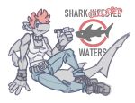  2020 anthro belt bottomwear clothing collar ear_piercing ear_ring female fin fish footwear hair hukeng marine pants piercing shark sharp_teeth shirt shoes short_hair simple_background smile solo tank_top teeth topwear white_background 