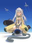  1girl aircraft airplane arms_behind_back blue_sky breasts fighter_jet green_eyes hair_ornament helmet highres jet long_hair looking_at_viewer medium_breasts military military_vehicle original pinakes sky spread_legs squatting sr-71_blackbird twintails uniform white_hair 